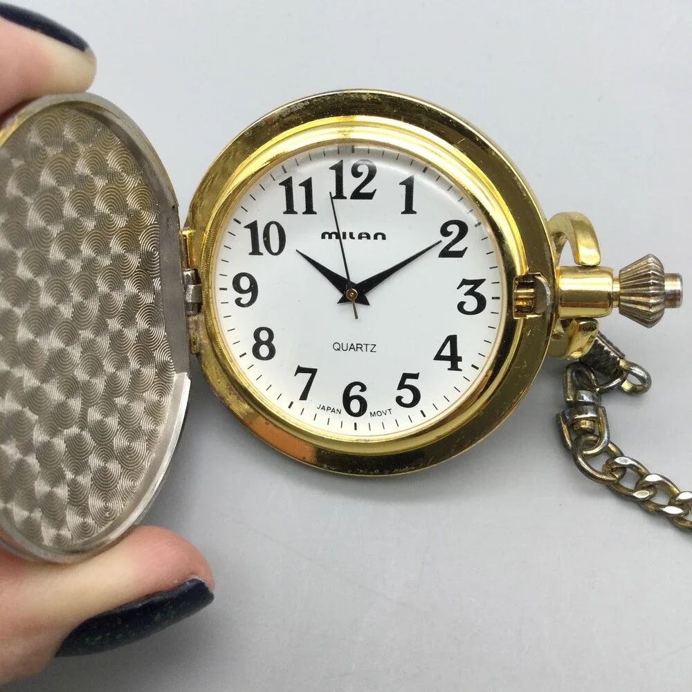 Milan Pocket Watch Men 48mm Silver Gold Tone Truck Full Hunter Chain New Battery